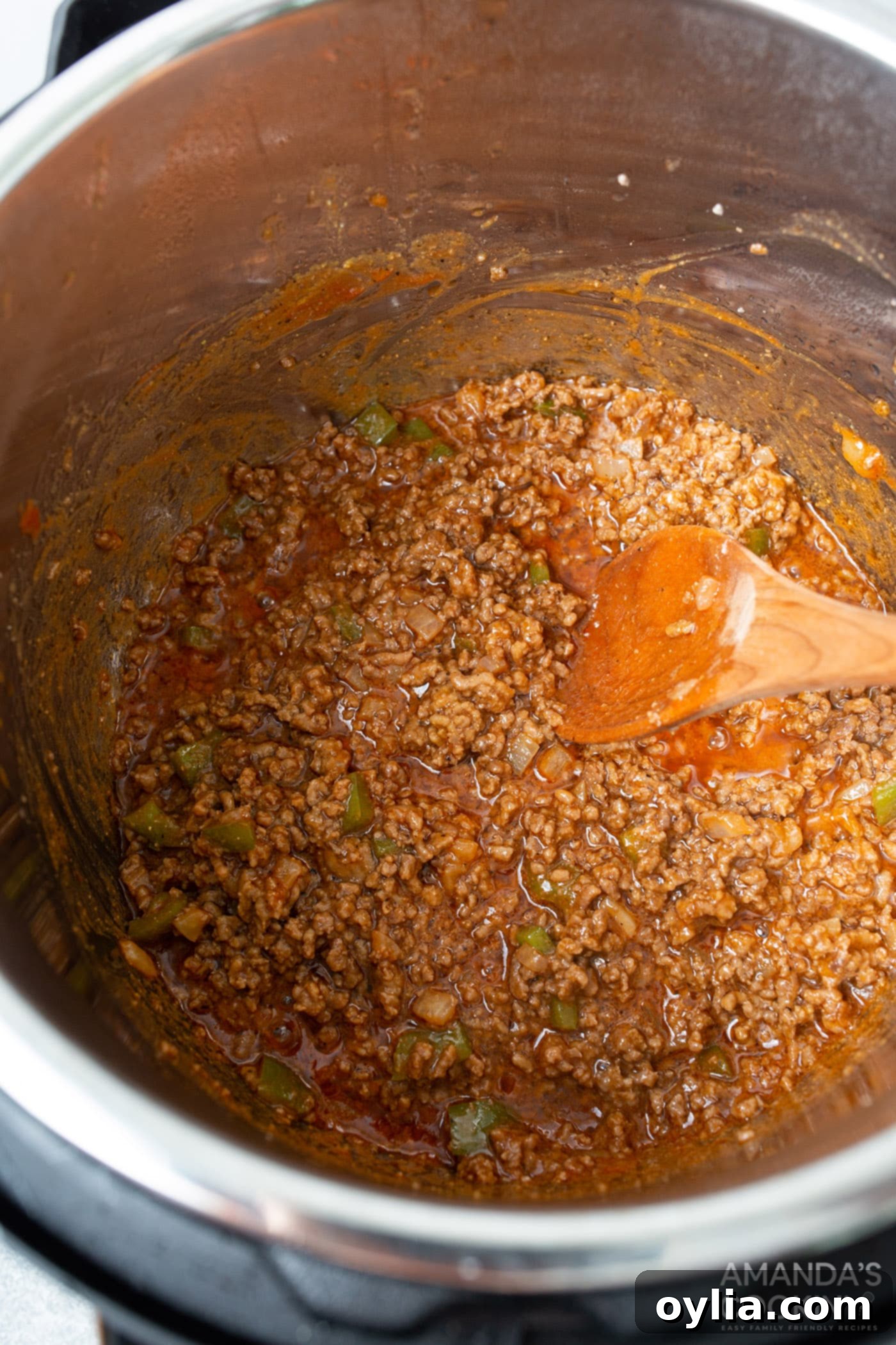 The finished sloppy joe mixture simmering in the Instant Pot, looking rich and ready to serve.