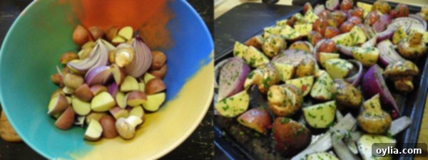 A photo of a bowl of cut up red onion, mushrooms and potatoes, alongside a baking sheet with the same vegetables spread out.