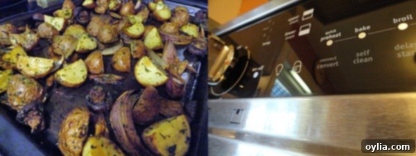 A close up photo of roasted potatoes, red onion and mushrooms on a baking sheet, and another close up photo of an oven interior.
