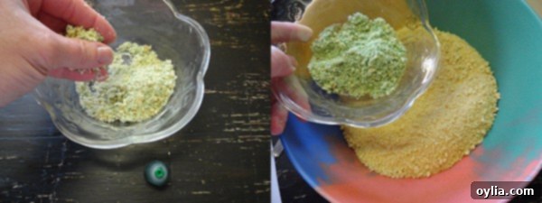 A step-by-step photo showing how to add green food coloring to cookie crumbs for the kitty litter cake, creating a realistic 'chlorophyll' effect.