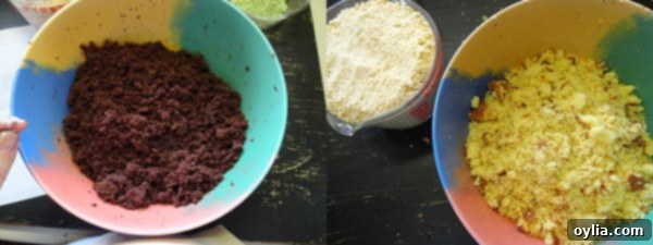 A step-by-step photo illustrating the crumbled cake and crushed vanilla sandwich cookies, forming the base of the kitty litter cake.