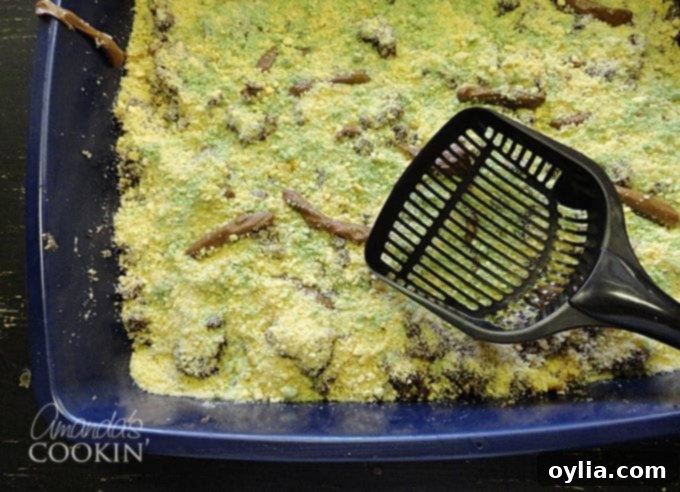 An overhead photo of a completed kitty litter cake, served with a clean plastic pooper scooper, making it ready for a memorable Halloween party.
