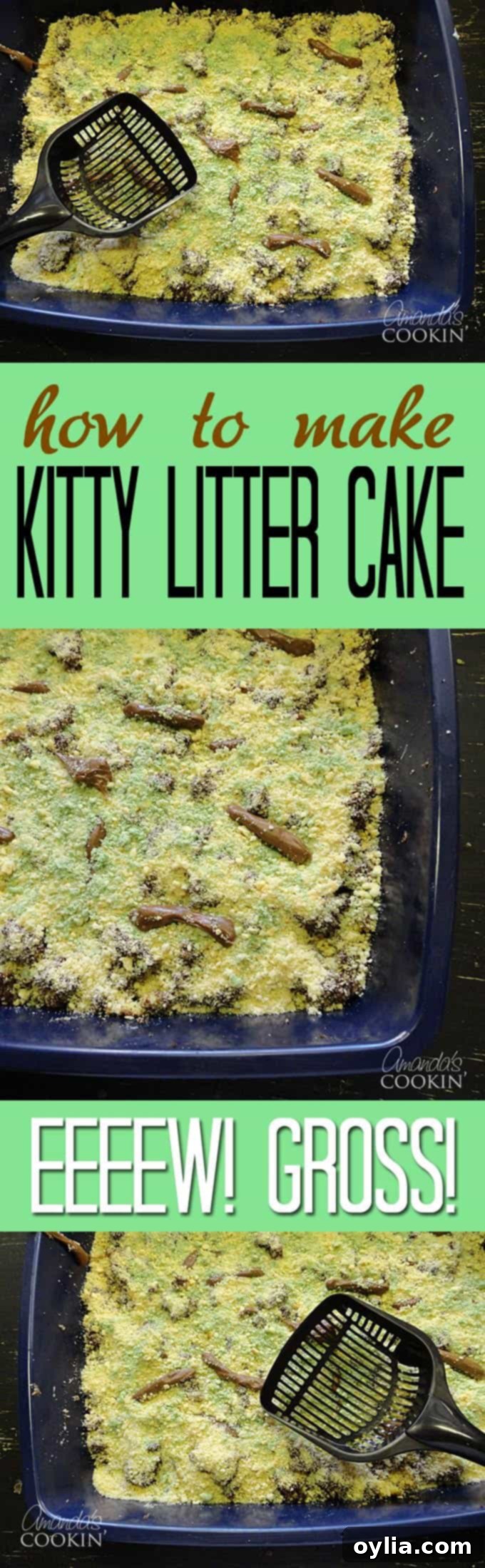 Kitty Litter Cake The Ultimate Halloween Gross Out 6 A close-up overhead photo of a beautifully disgusting kitty litter cake, complete with edible 'turds' and green cookie crumbs, ready to be pinned as the ultimate Halloween party food inspiration.