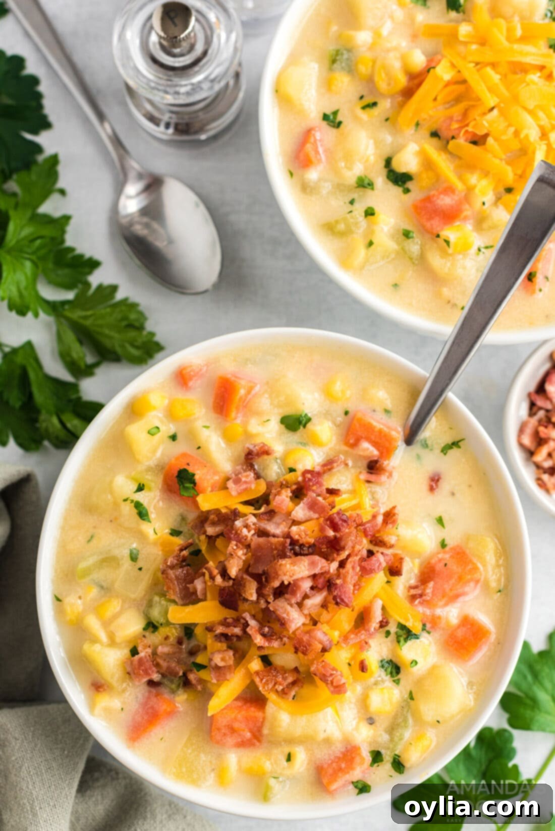 Sunshine Corn Chowder 2 A comforting bowl of simple corn chowder, garnished and ready to eat.