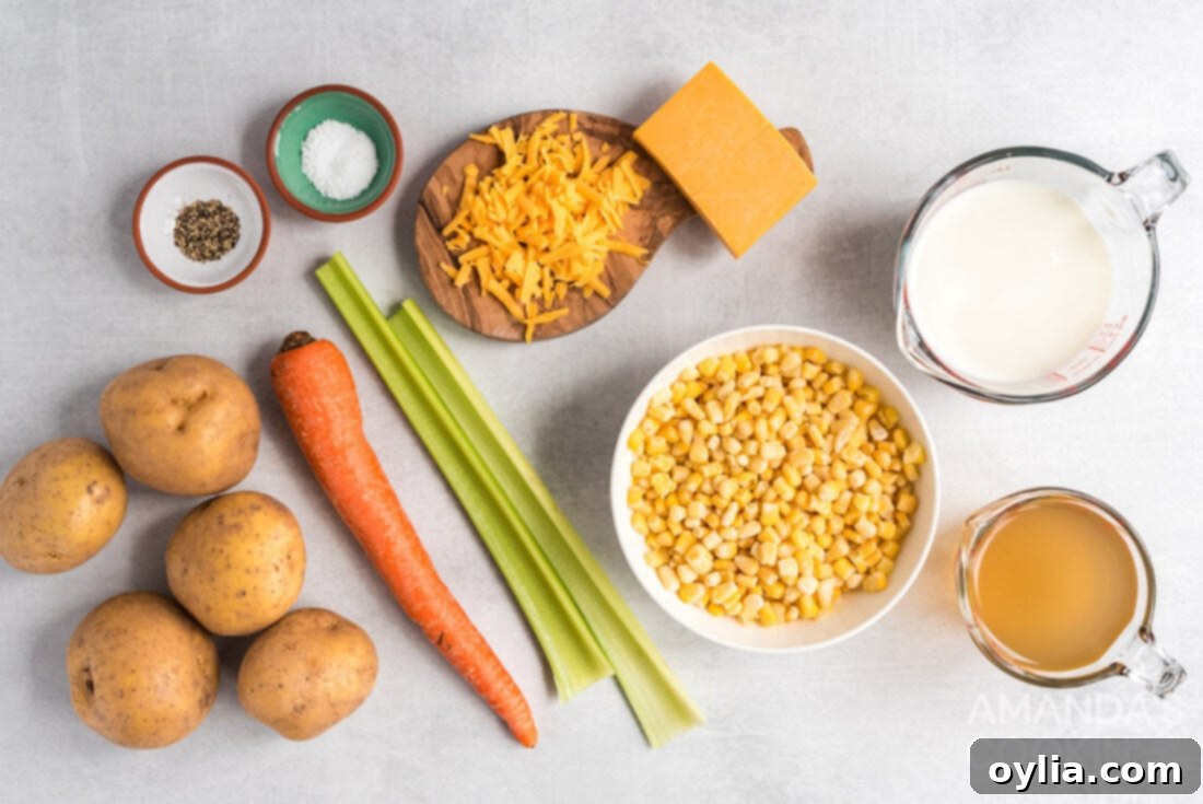 Sunshine Corn Chowder 4 A collection of fresh ingredients laid out on a table, ready for making corn chowder.