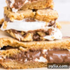 close up of smores bars stacked on each other with melted chocolate and marshmallow