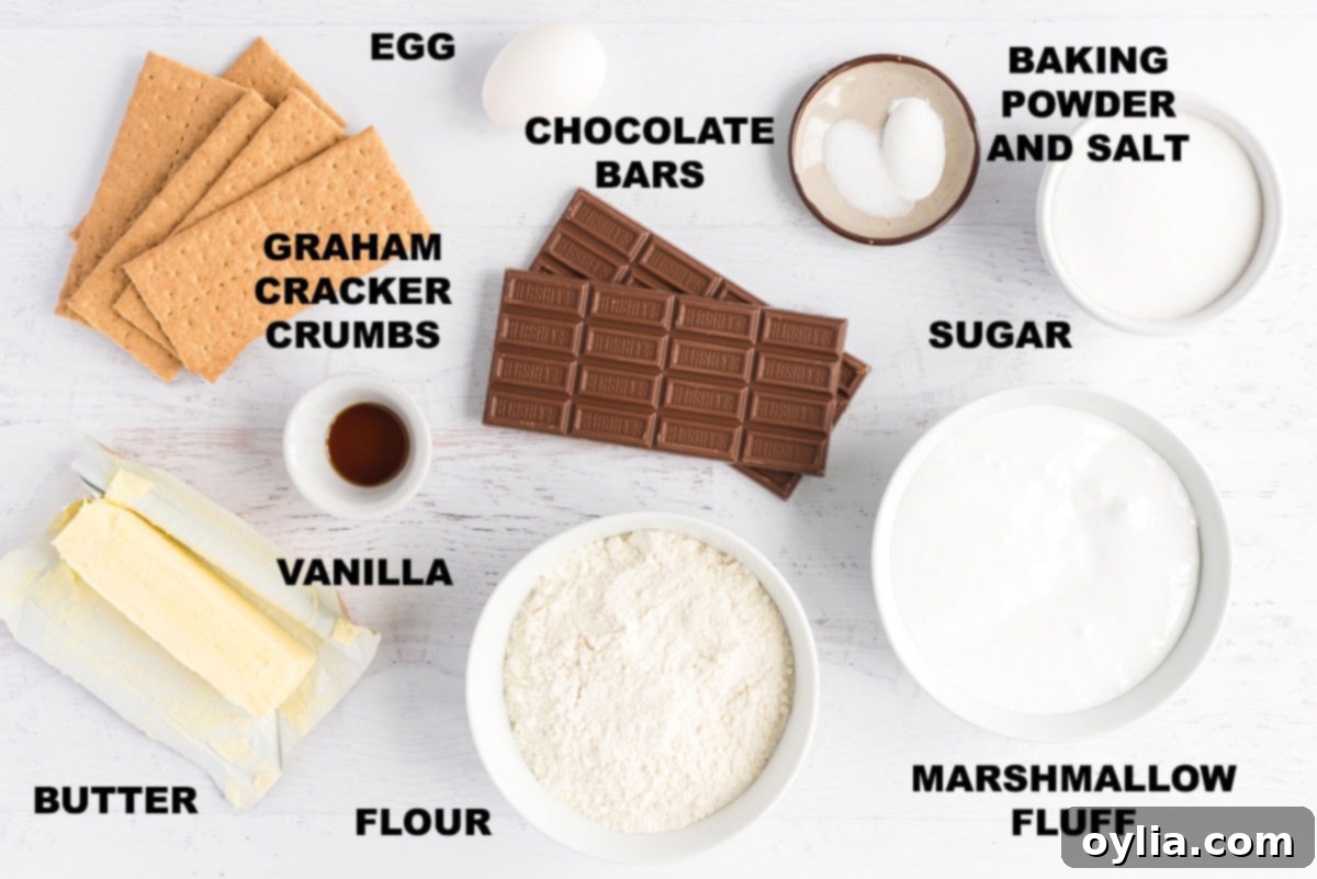 labeled ingredients for smores bars including butter, sugar, flour, graham crackers, chocolate, and marshmallow fluff