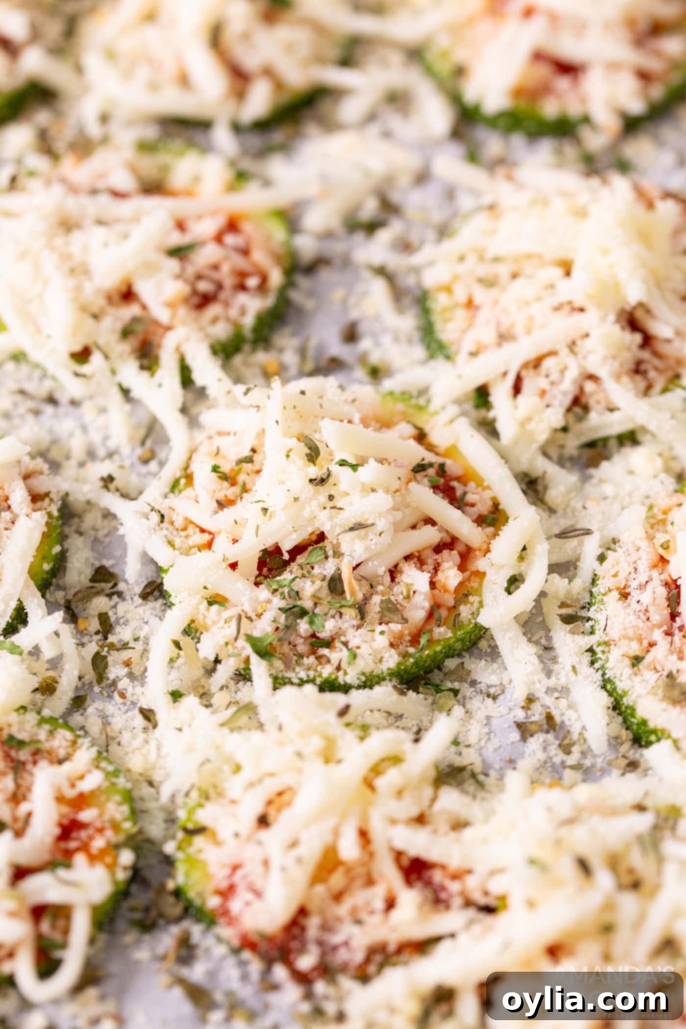 cheese and seasonings on zucchini slices