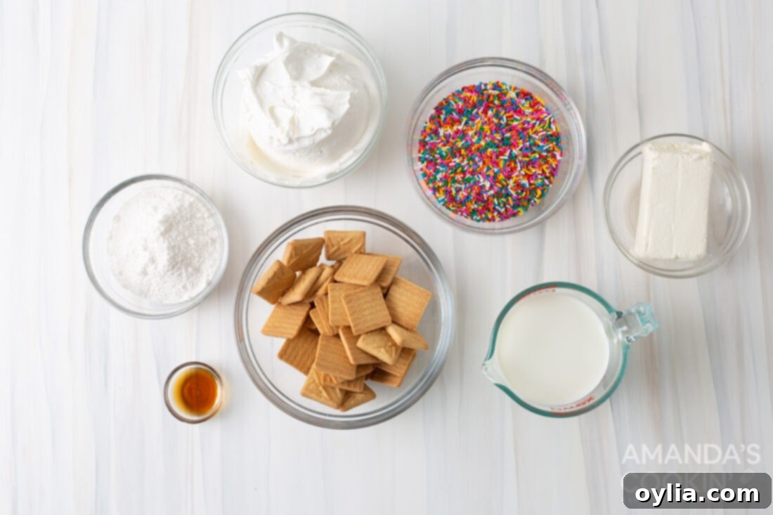 No-Bake Rainbow Sprinkle Delight 4 Funfetti Icebox Cake ingredients laid out on a table