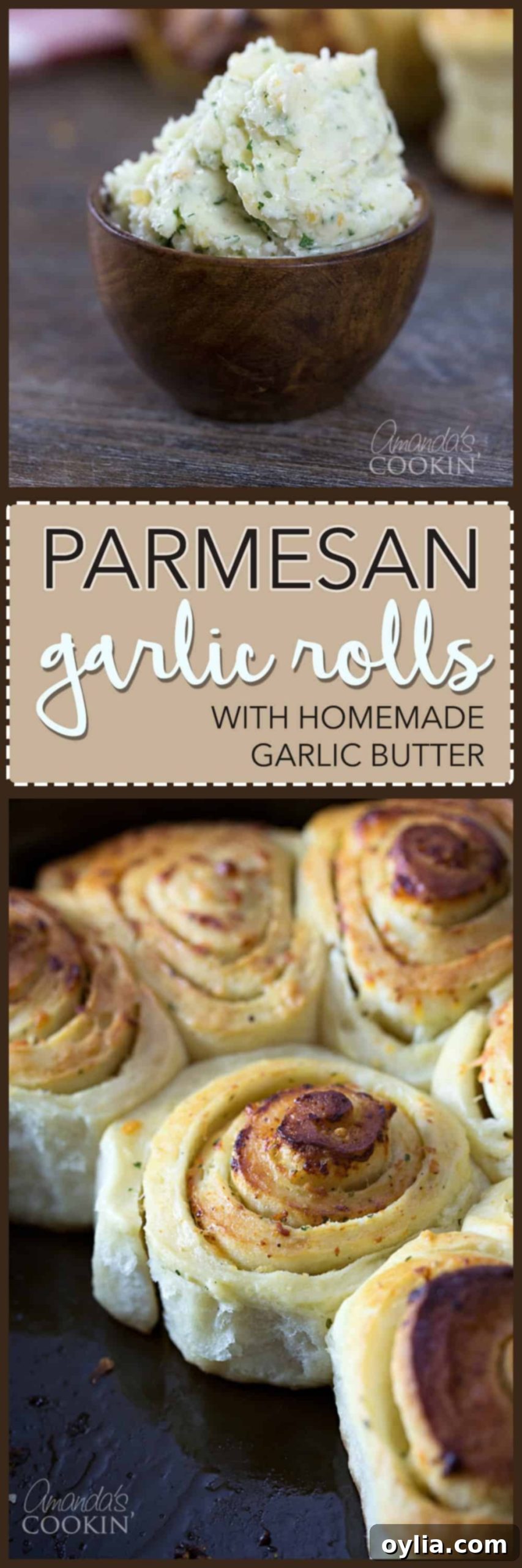 A vibrant collage image featuring a bowl of rich garlic butter and a close-up of golden, baked Parmesan garlic rolls, ideal for pinning on Pinterest.