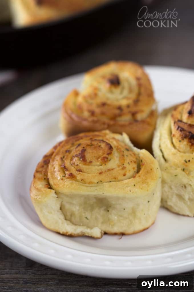 A white plate showcasing three perfectly golden-brown Parmesan garlic rolls, ready to be served.
