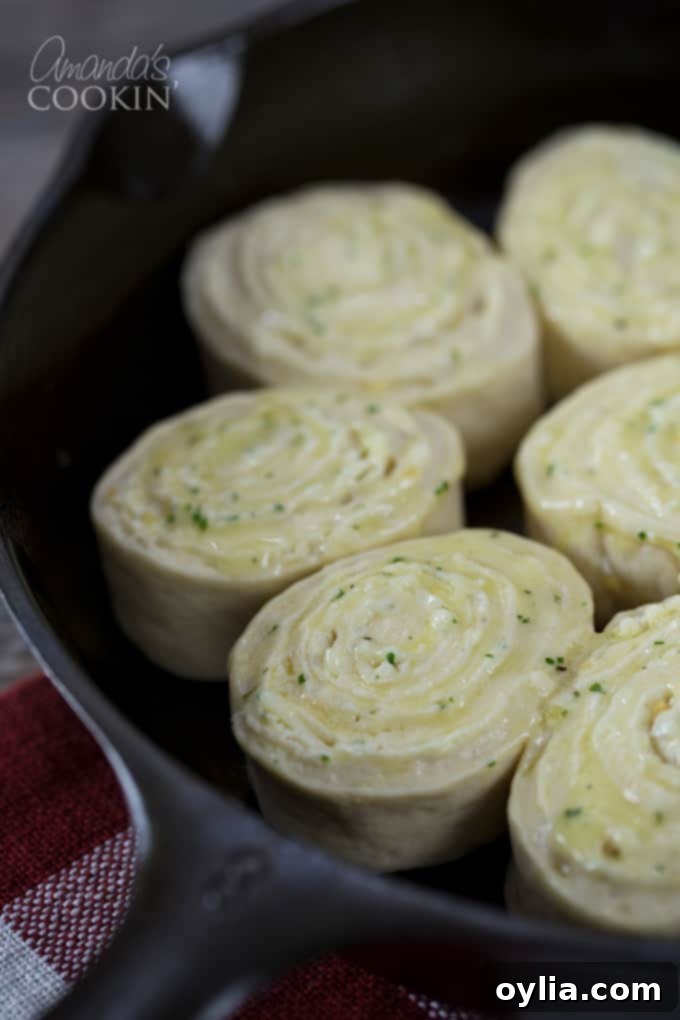 A close up of unbaked Parmesan garlic rolls, neatly sliced and arranged in a cast iron skillet, brushed with butter and sprinkled with cheese.