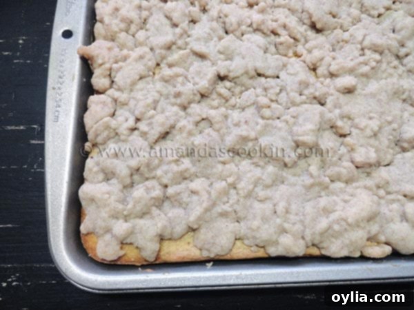 Homemade Crumb Cake on a cooling rack, ready to be sliced.