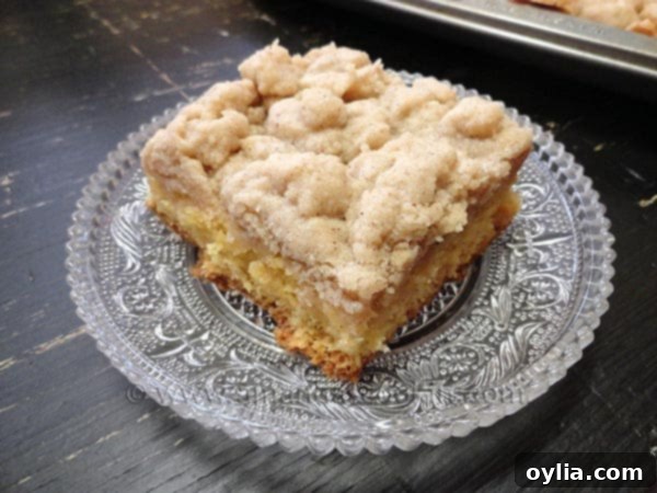 An inviting close-up photo of a square of crumb cake on a clear plate.