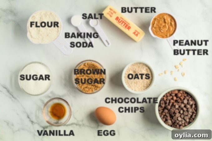 A flat lay of all the fresh ingredients needed to bake Peanut Butter Oatmeal Chocolate Chip Cookies, neatly arranged on a kitchen counter.