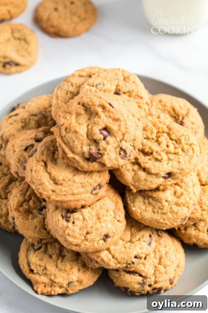 A close-up of a plate piled high with golden-brown Peanut Butter Oatmeal Chocolate Chip Cookies, ready to be enjoyed.