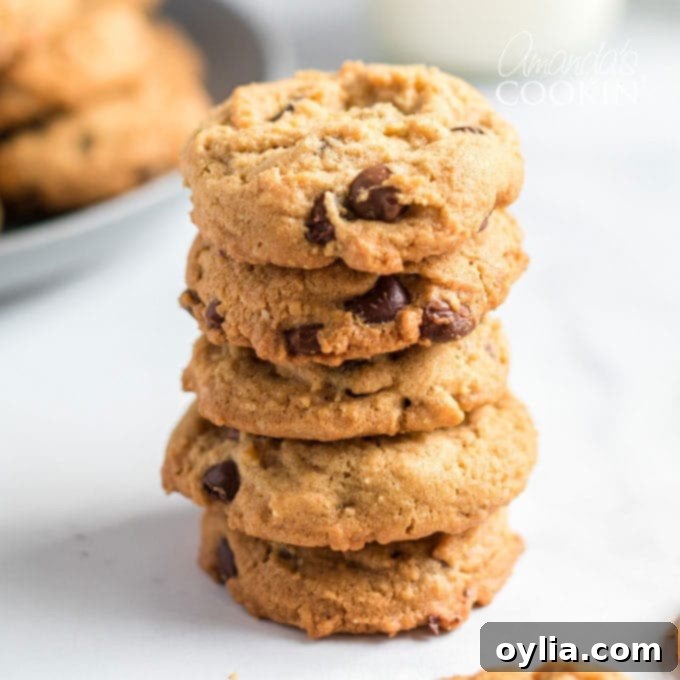 A beautifully stacked tower of freshly baked Peanut Butter Oatmeal Chocolate Chip Cookies, highlighting their delicious texture and golden color.