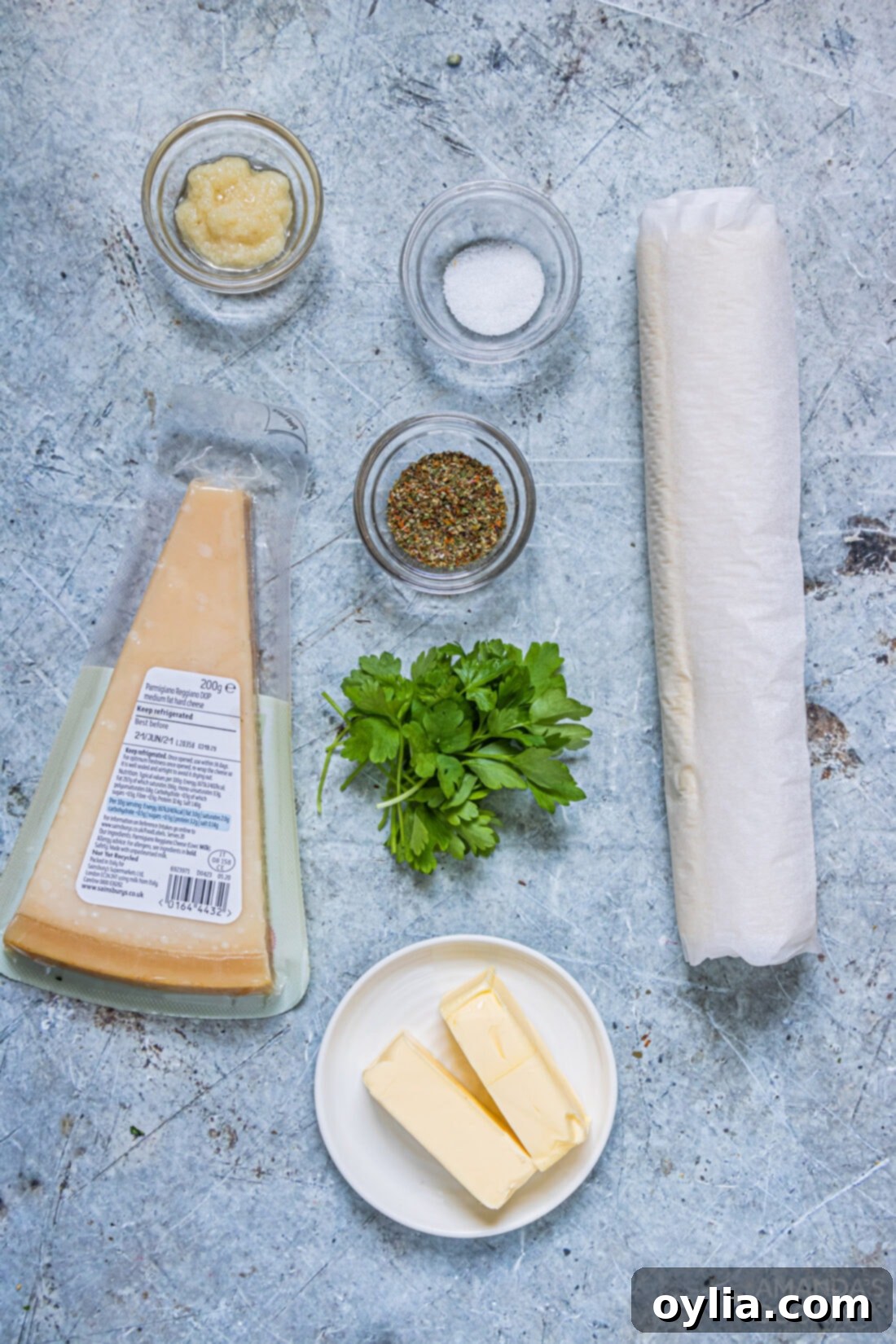 Air Fryer Garlic Parmesan Twists ingredients laid out on a table