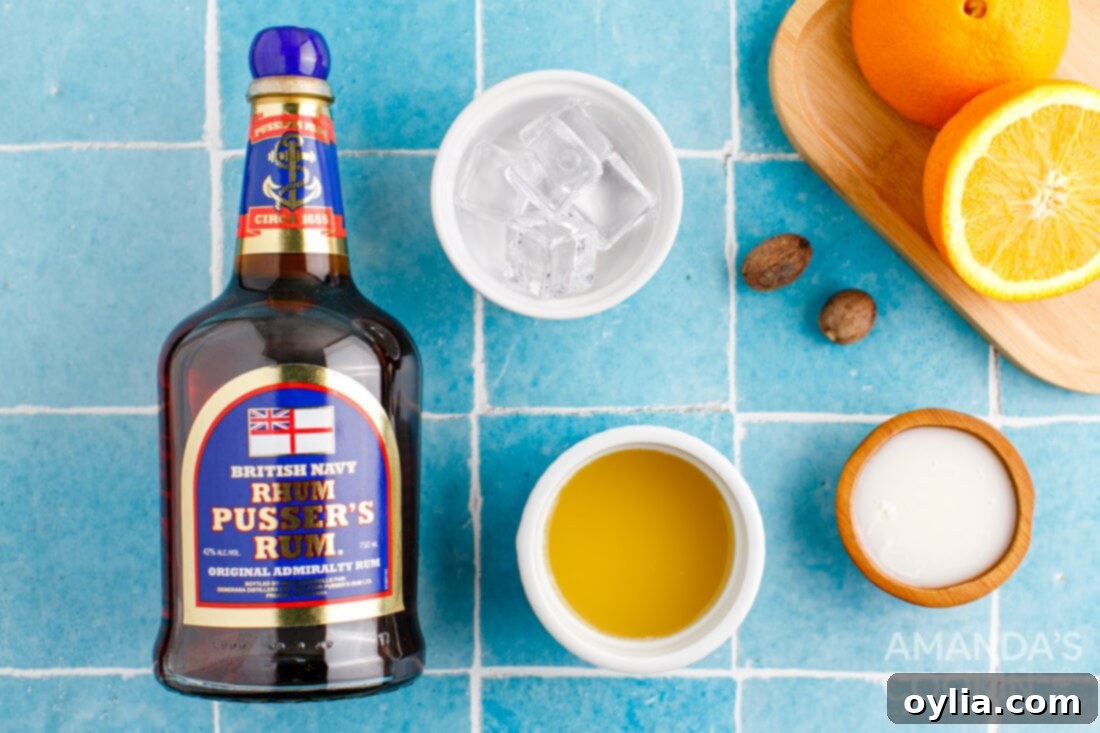 ingredients for Painkiller Cocktails including Pusser's rum