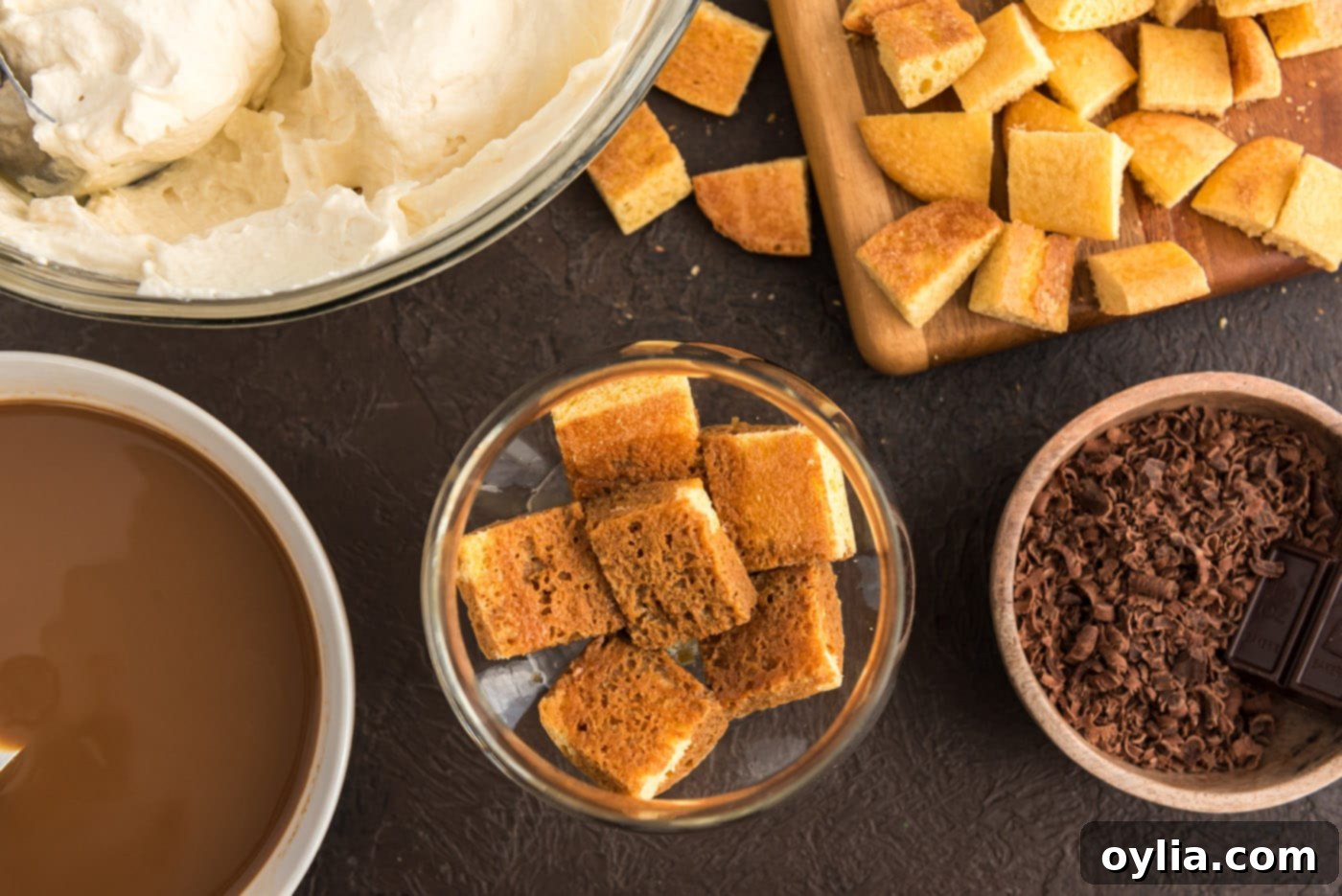 cubed ladyfingers in a parfait dish