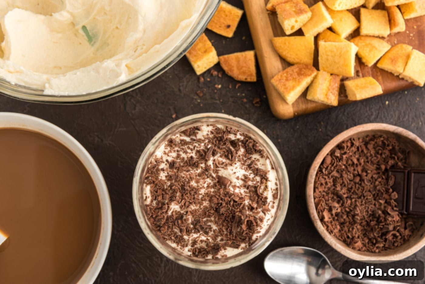 shaved chocolate on top of Bailey's Tiramisu parfaits