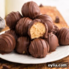 Sweet & Salty Peanut Butter Chocolate Delights 14 Close-up of a stack of No-Bake Chocolate Peanut Butter Balls from the recipe card