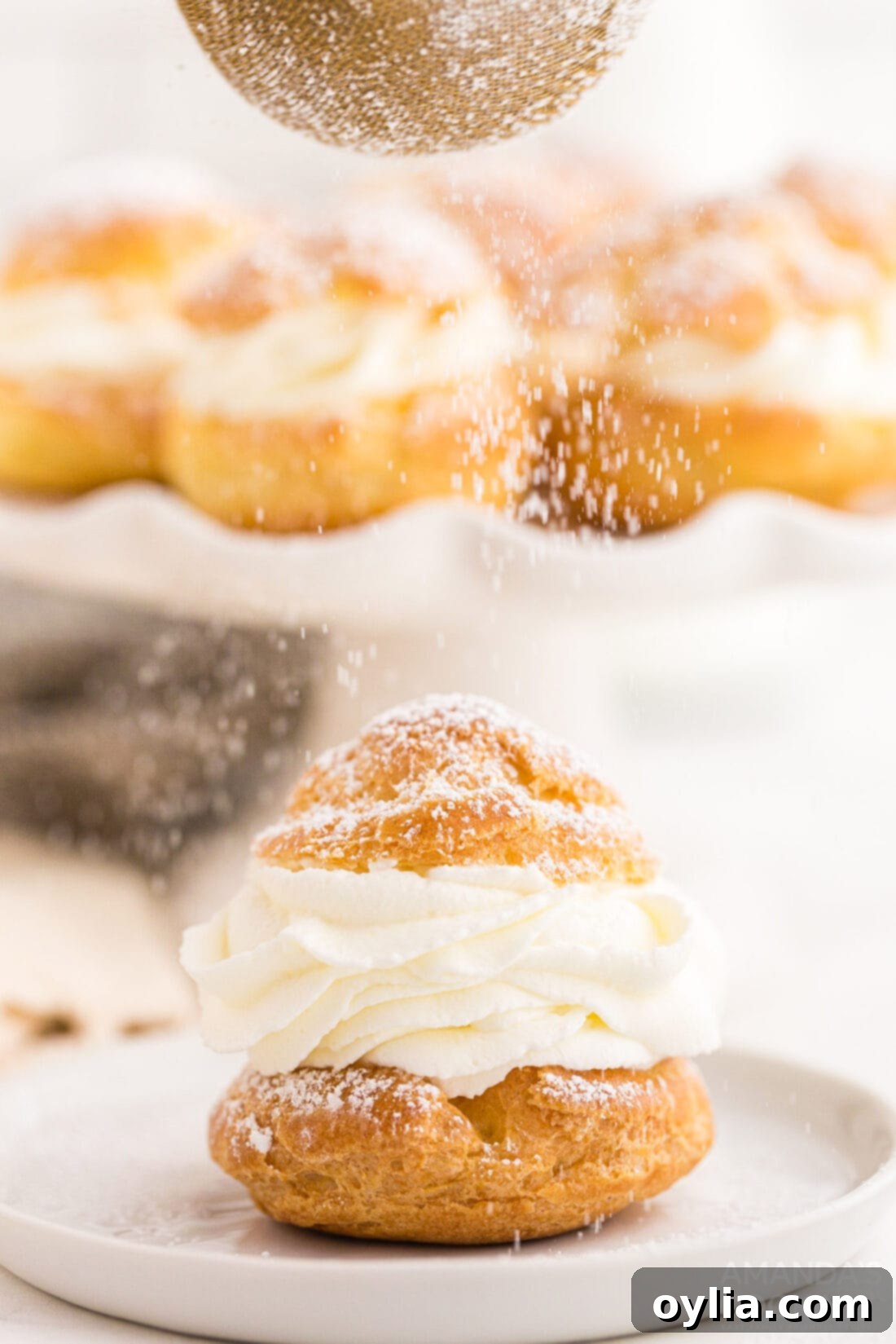 Sifting powdered sugar over a freshly baked Cream Puff filled with whipped cream