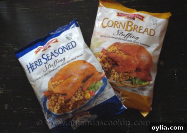 A photo displaying two packages of Pepperidge Farm stuffing mix: one classic herb seasoned stuffing and one savory cornbread stuffing, on a rustic kitchen surface.