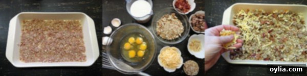 An overhead photo showing the individual ingredients prepared for the herbed breakfast stuffing casserole, neatly separated in bowls including cooked sausage, bacon, diced shallots, shredded cheese, and Pepperidge Farm stuffing.