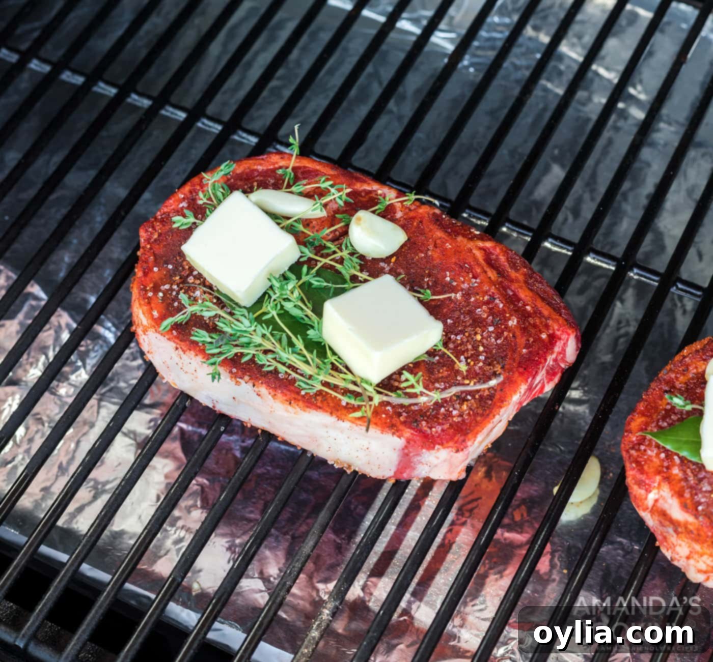 ribeye steak on smoker grill