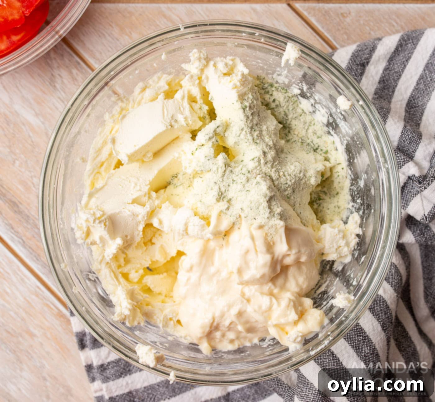 cream cheese, mayo, and ranch seasoning in a bowl