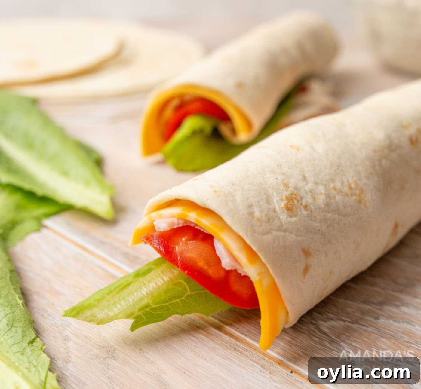 rolled tortillas with tomato, lettuce, meat, and cheese