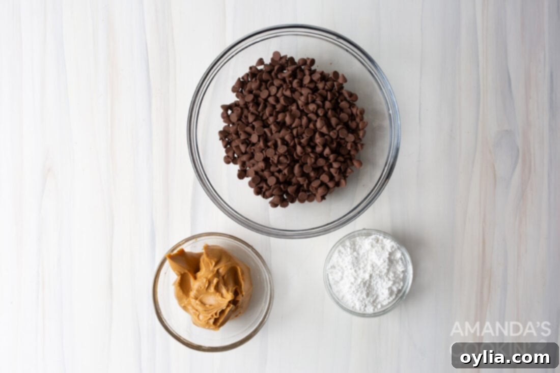 A collection of the three simple ingredients: a jar of peanut butter, a bowl of powdered sugar, and a bowl of milk chocolate chips, laid out for making peanut butter cups.