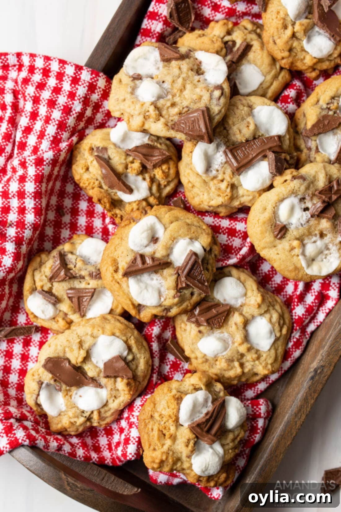 A freshly baked tray of s'mores cookies, showcasing their golden edges and perfectly melted marshmallow tops