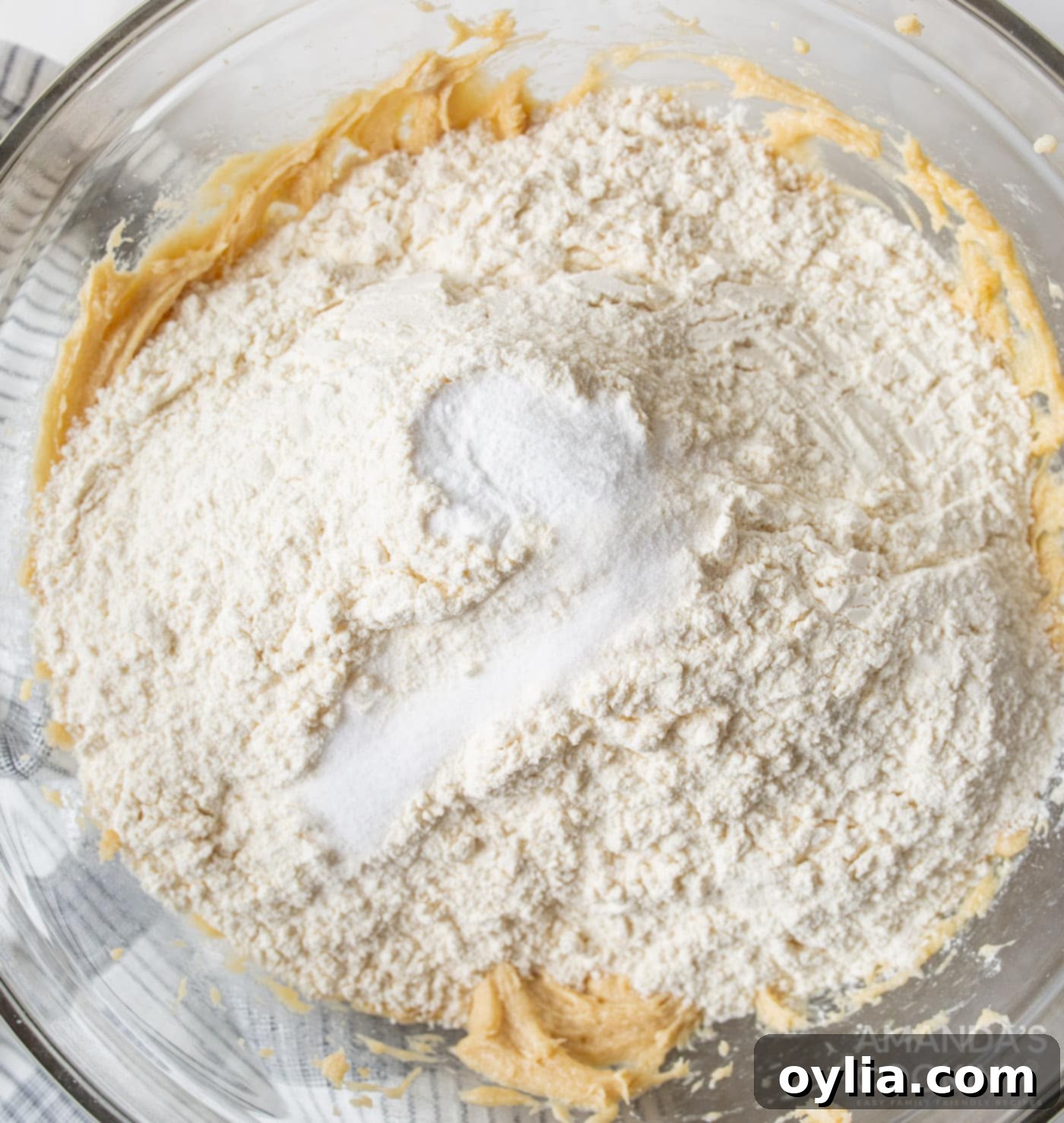 All-purpose flour, baking soda, and salt on top of the creamed cookie dough in a mixing bowl