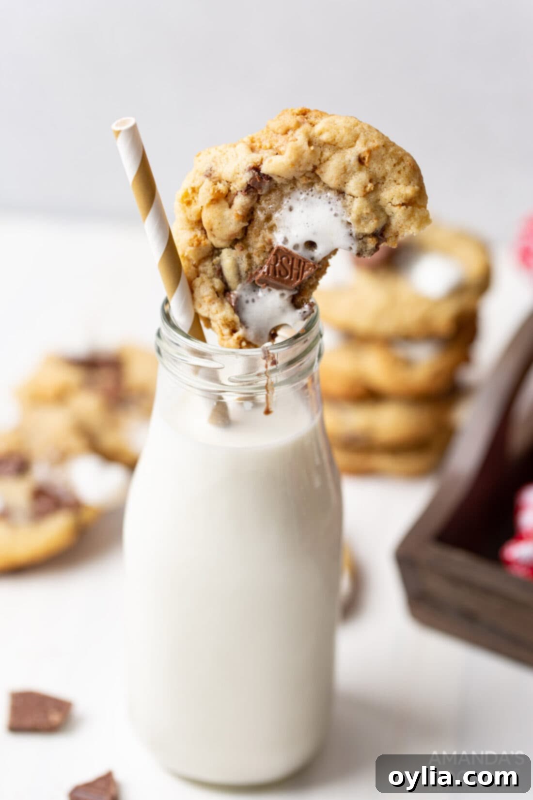 A delicious s'mores cookie balanced atop a vintage milk bottle, ready to be enjoyed