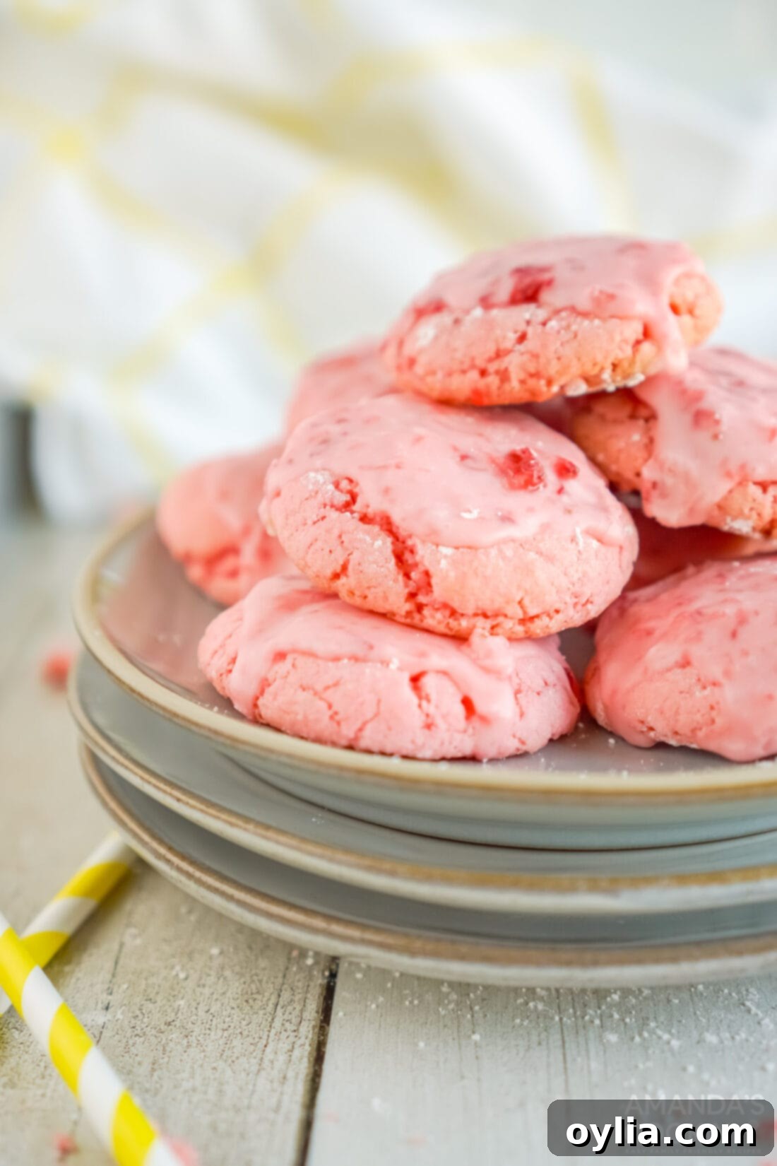 A beautiful platter of Strawberry Cake Mix Cookies, perfectly glazed.
