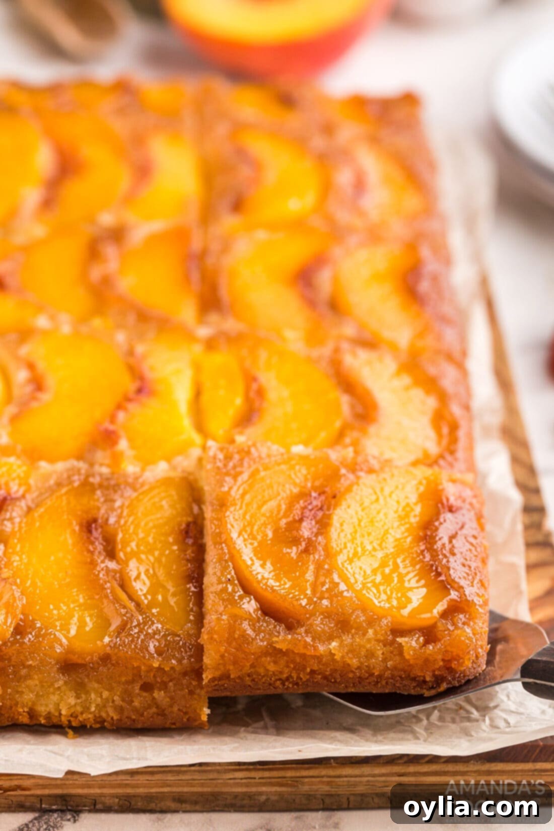 Golden Peach Upside Down Cake 2 sliced Peach Upside Down Cake