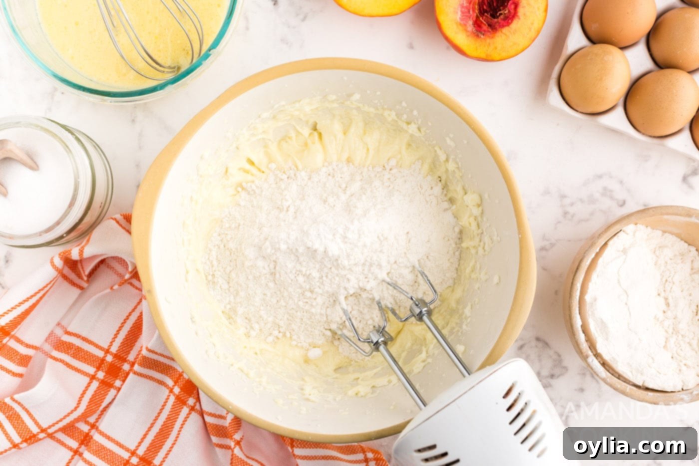 Golden Peach Upside Down Cake 10 dry ingredients in a bowl for cake batter