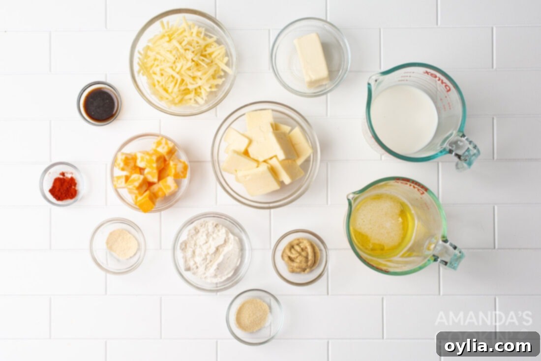 all ingredients for Beer Cheese Dip laid out on a table
