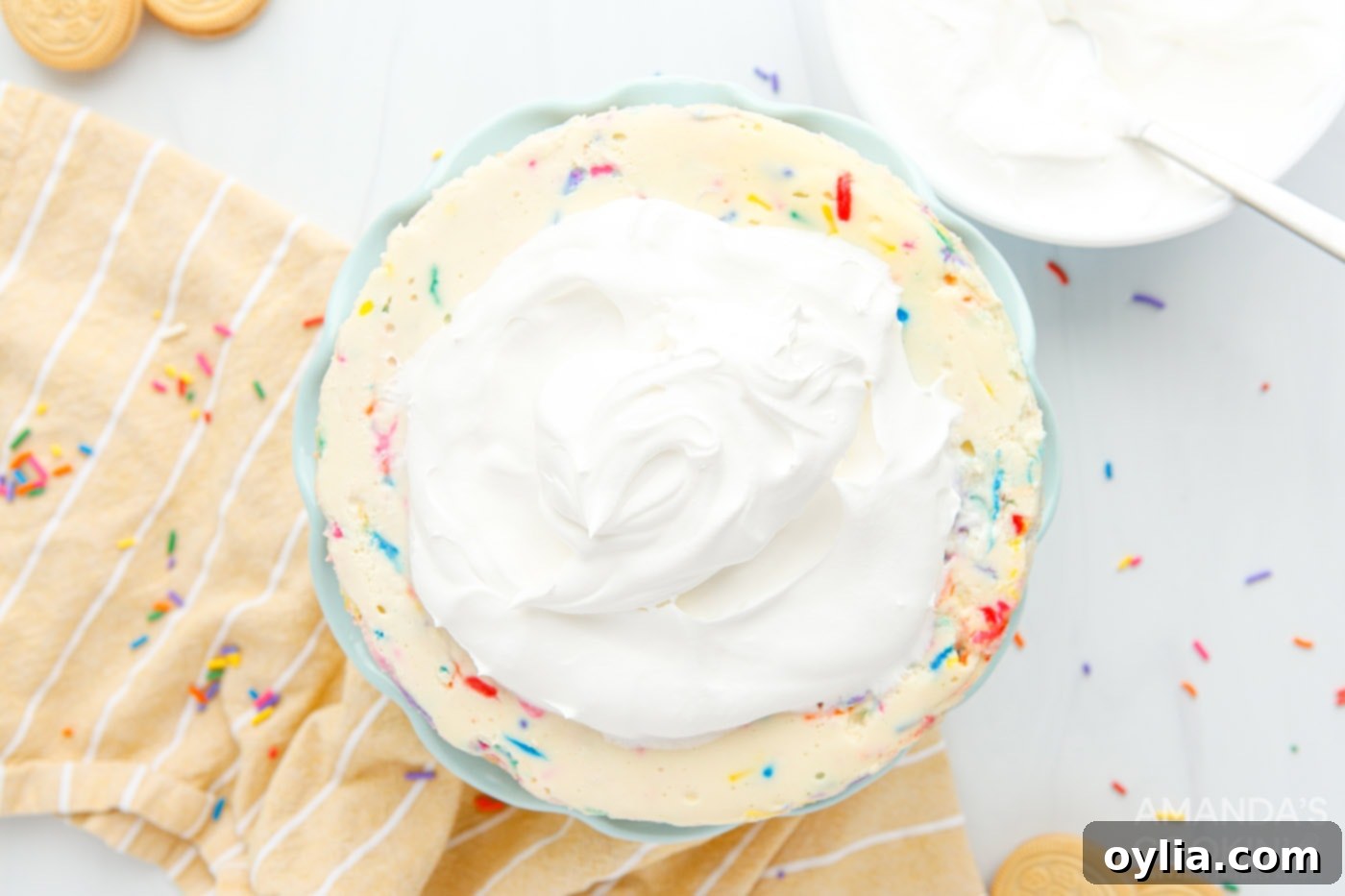 whipped cream dollop on top of funfetti cheesecake