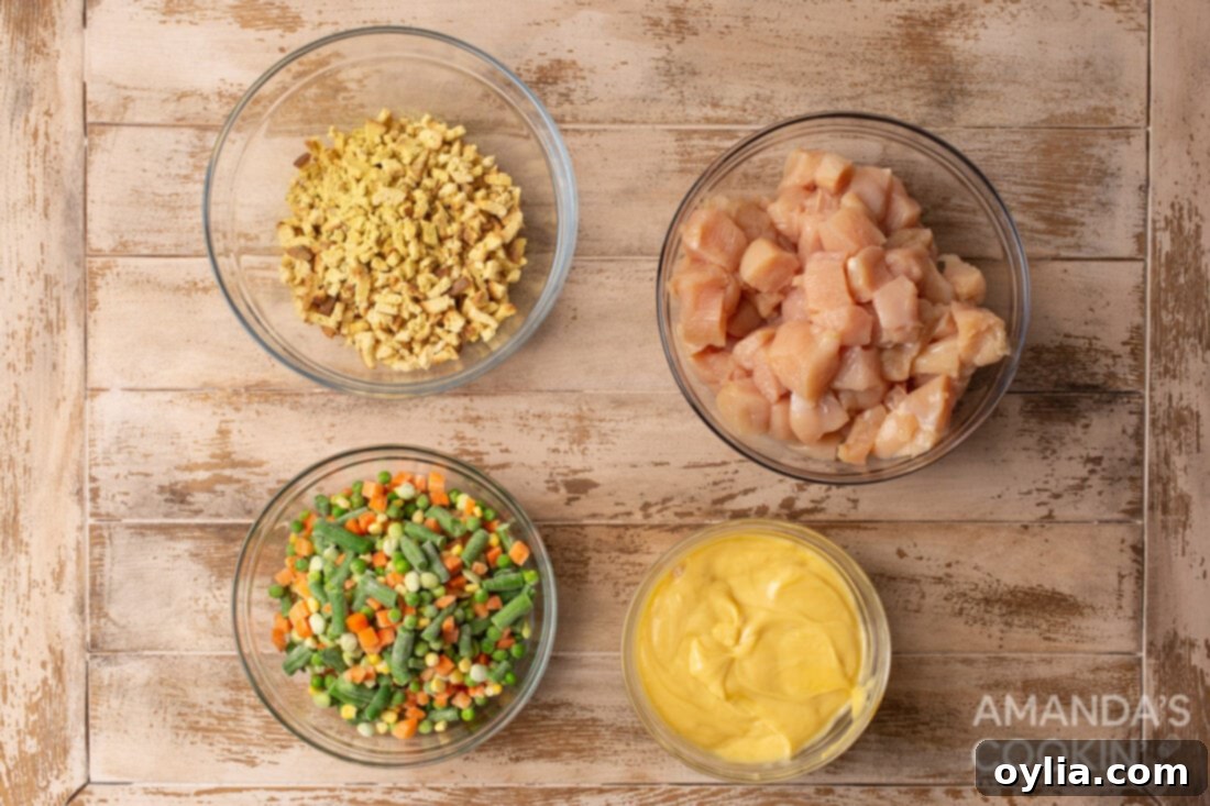 ingredients for Chicken Stuffing Casserole laid out on a counter