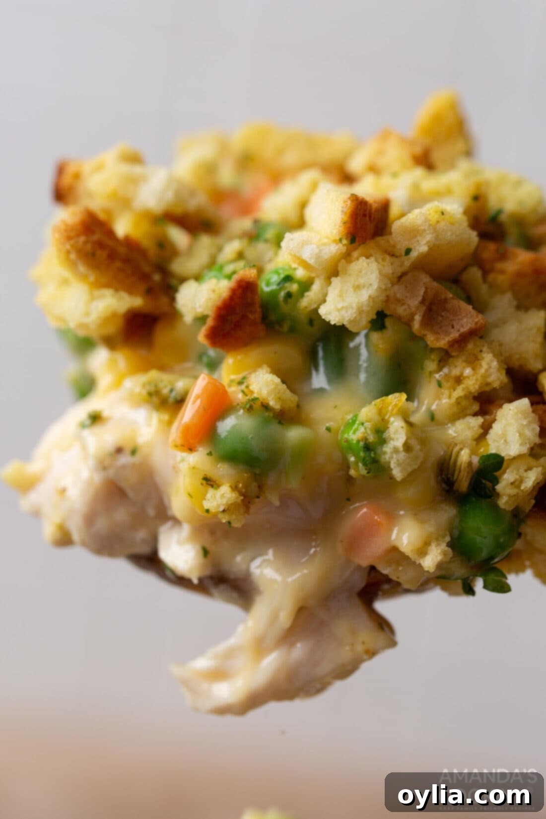 serving spoon of Chicken Stuffing Casserole being scooped from a pan