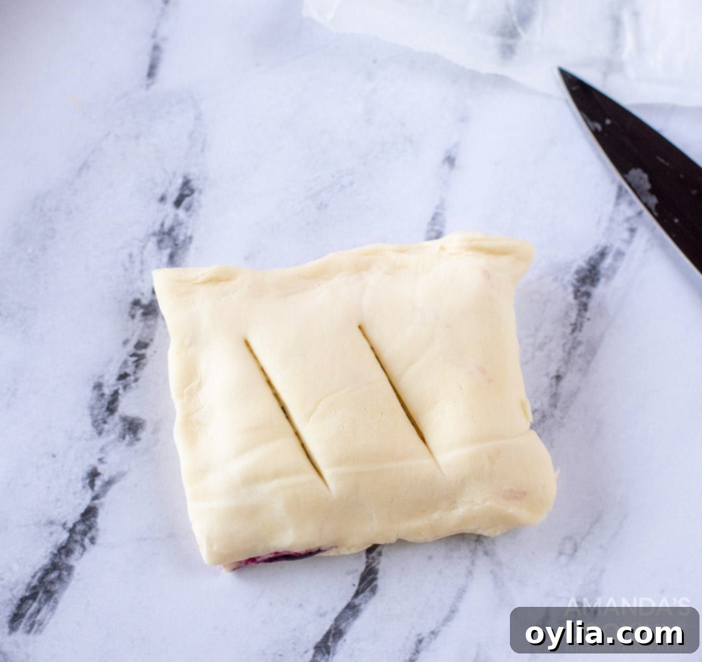 Slits cut on top of the folded pastry filled with blueberries, before baking