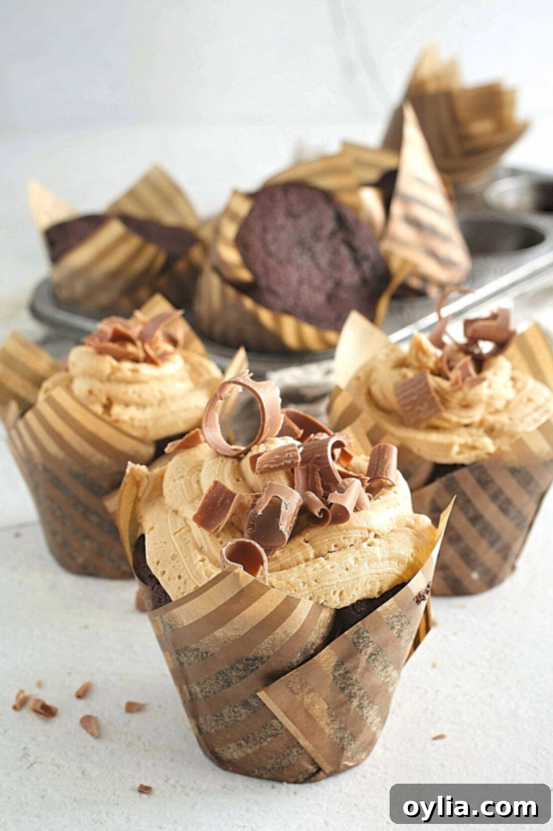 Chocolate Peanut Butter Cupcake in a paper wrapper