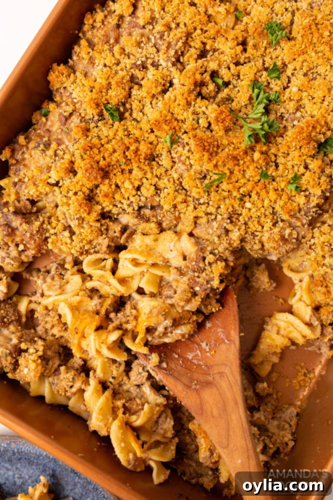 pan of Beef Stroganoff Casserole with a spoon