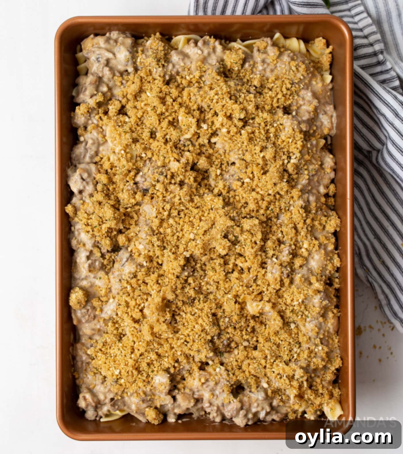 breadcrumbs on top of beef stroganoff casserole