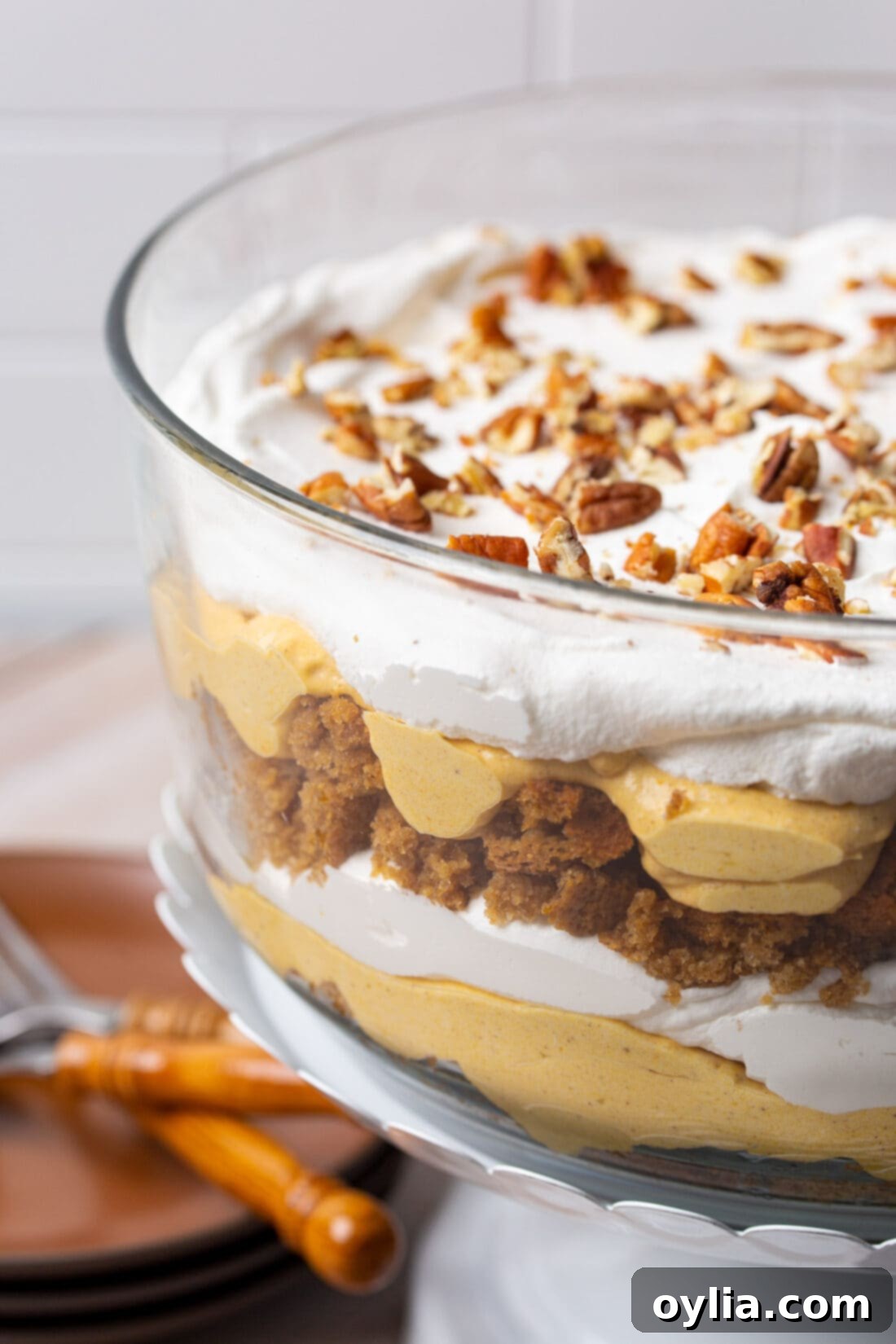 A stunning pumpkin trifle with distinct layers of gingerbread cake, pumpkin cheesecake, whipped cream, and pecans.