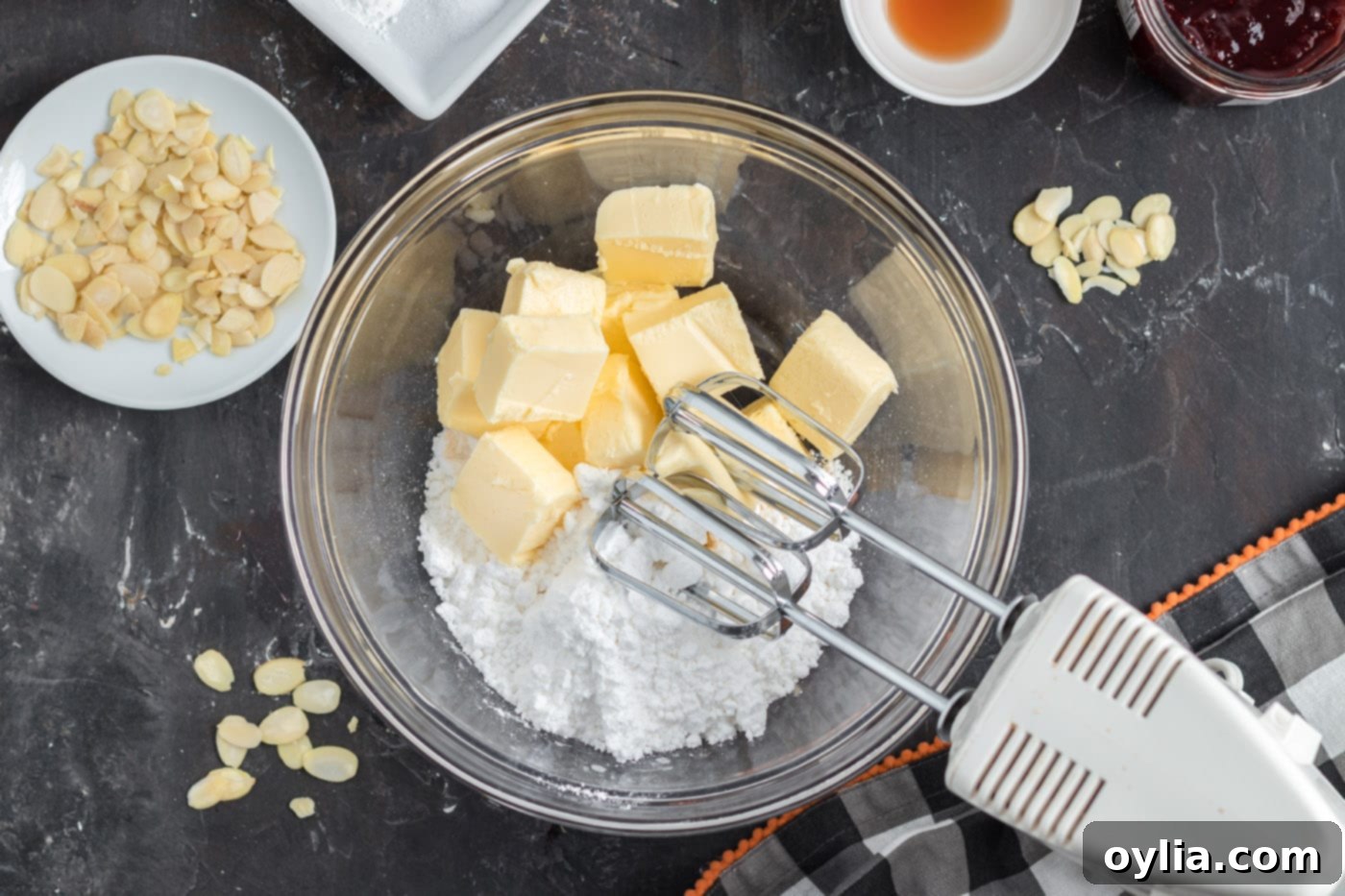 butter and powdered sugar in a mixer bowl