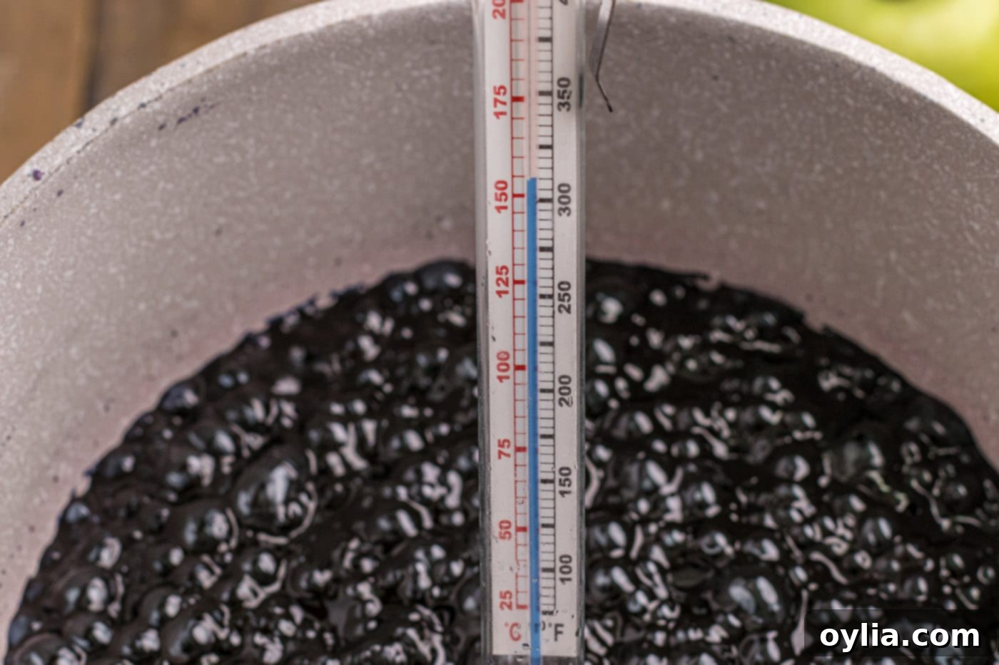candy thermometer in candy apple coating mixture